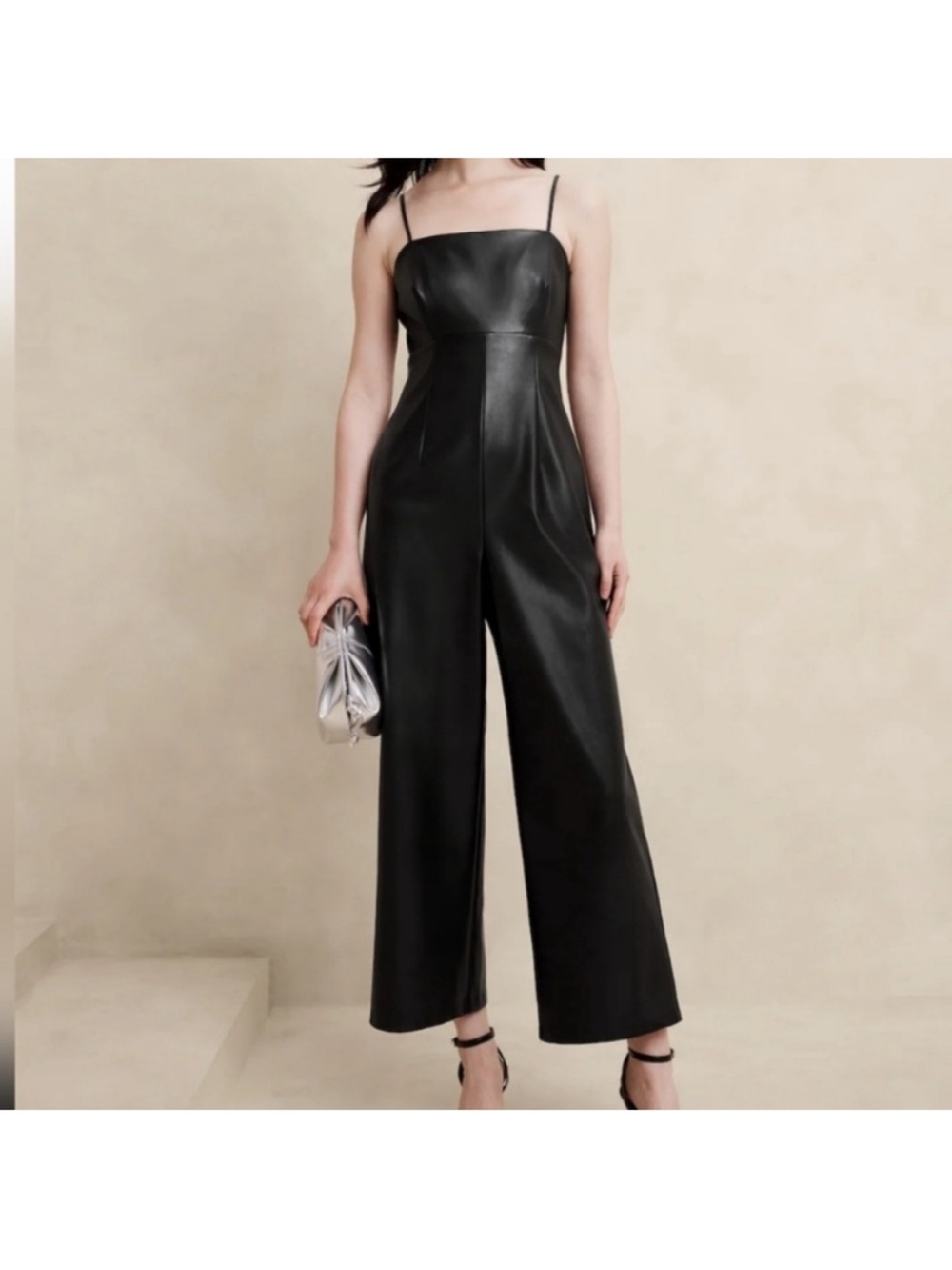 Banana Republic Black Faux Leather Slip Jumpsuit with Thin adjustable Straps